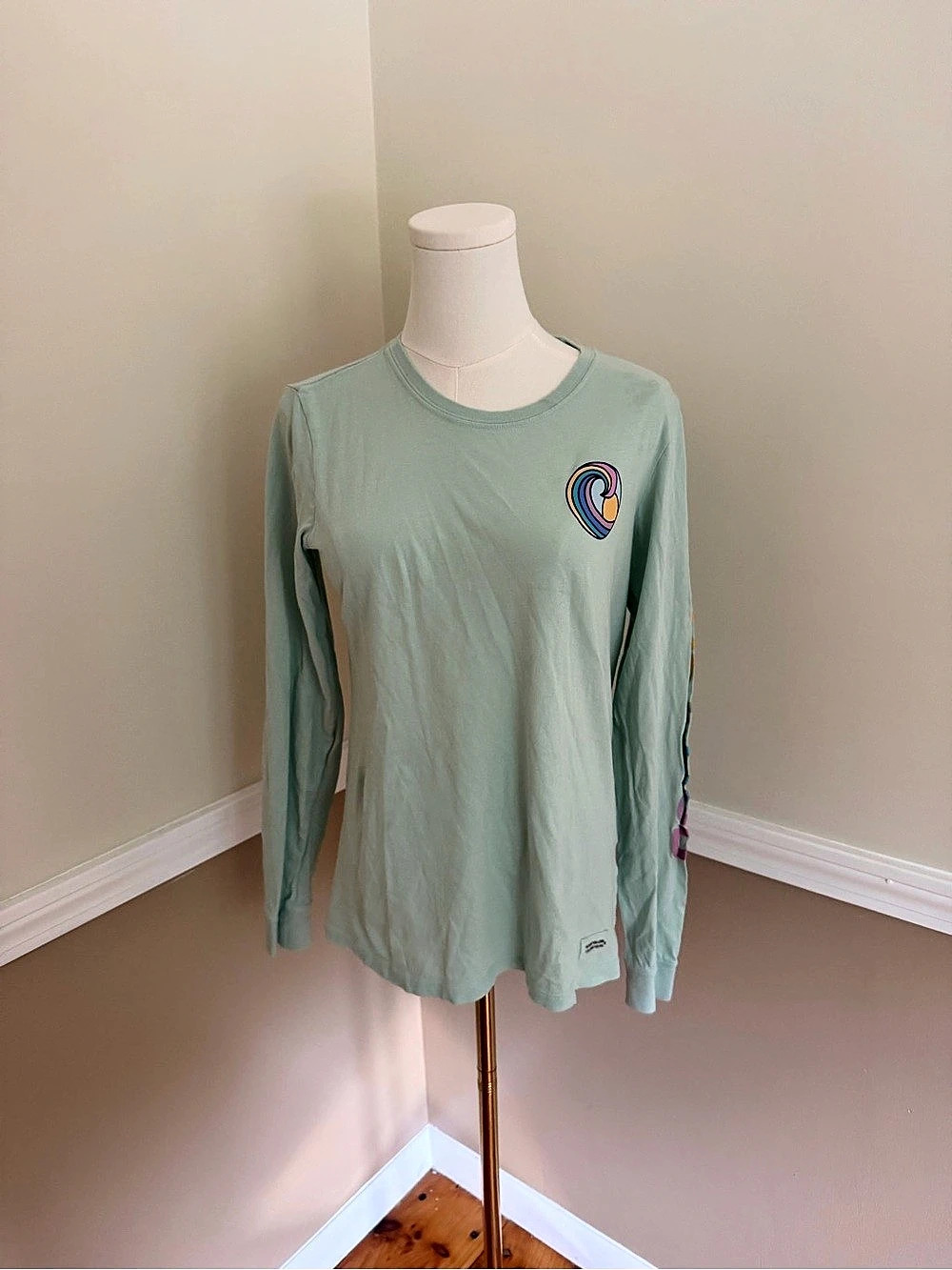 Life is Good Happiness Comes in Waves Long Sleeve Crusher Tee Green & Pink